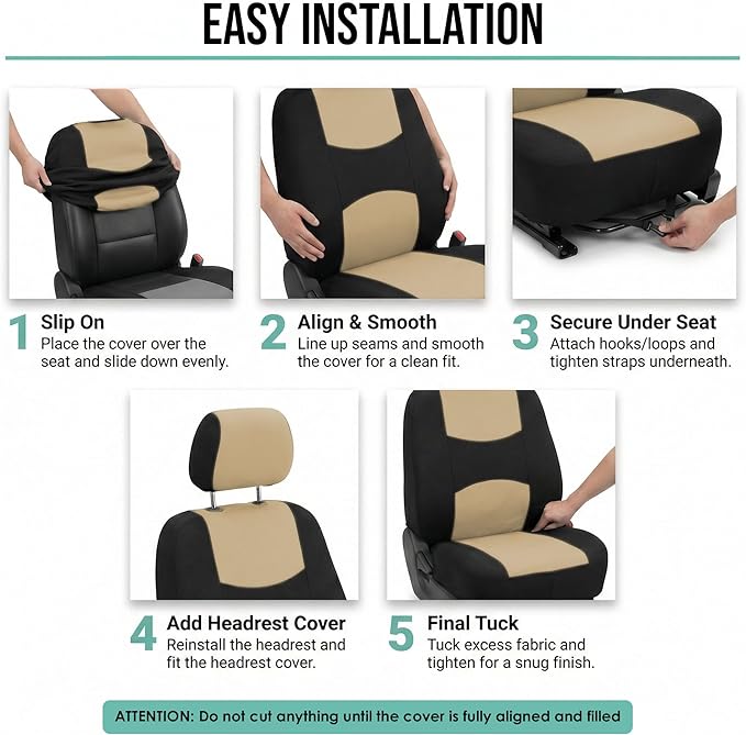 FH Group Flat Cloth Full Set Car Seat Covers Three Row 7 Seater - Universal Fit for Cars, Trucks & SUVs Beige