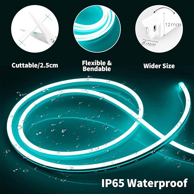 iNextStation 12V Ice Blue LED Strip Lights 16.4FT, Flexible Silicone Neon Rope Light, Waterproof, Cuttable, Dimmable & Linkable, for Cabinet, Ceiling, Wall, Bedroom, Kitchen, Garage (No Adapter)