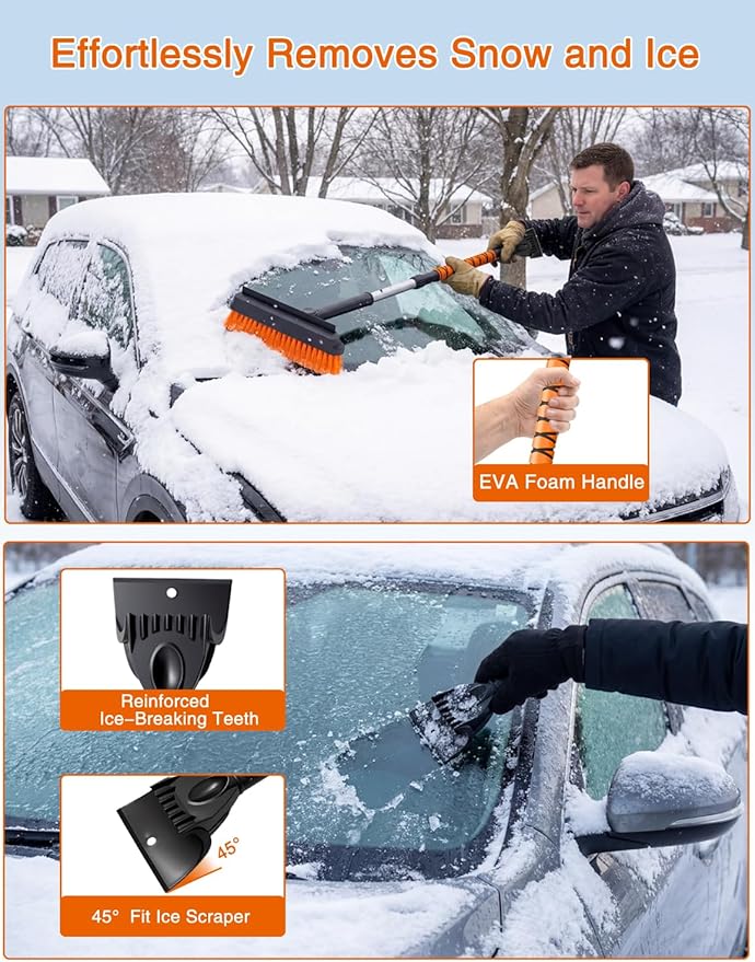 33 Inch Ice Scrapers for Car Windshield, 3 in 1 Extendable Snow Brush, Snow Scraper for Car with Foam Grip and 270° Pivoting Brush Head, Silicone Squeegee for Sedan SUV Truck RV