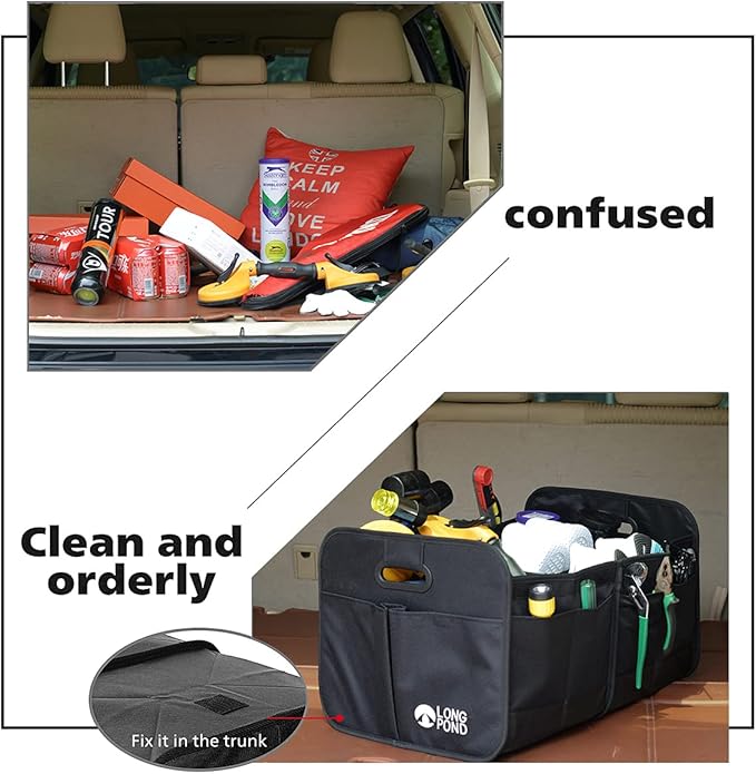Long Pond Car Trunk Organizer, Storage for SUVs or Sedans, Foldable Cargo Containers with 9 Pockets and Reinforced Handles,
