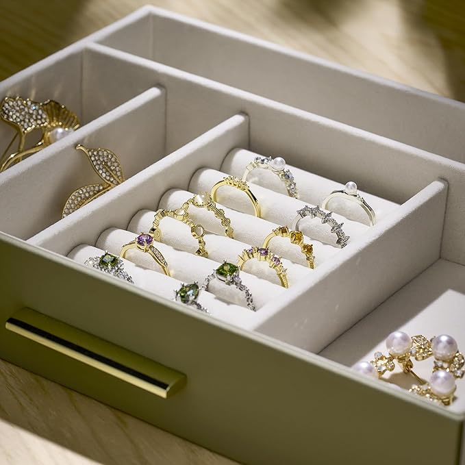 Jewelry Box Organizer Case for Women: 3-Layer Jewelry Storage Case with Glass Window, Olive Green Leather with Cream Velvet, 
