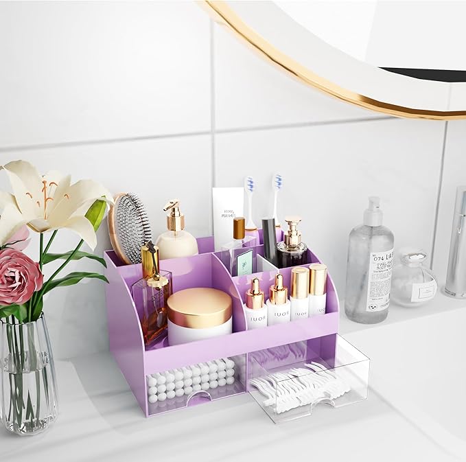 Makeup Organizer with Drawers, Cosmetic Storage for Dresser Vanity and Bathroom Countertop, Beauty Holder for Lipstick Brush,