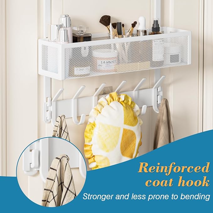 Over The Door Hooks Organizer, Over Door Storage with 12 Coat Hooks and 2 Mesh Basket, Bathroom Door Organizer Towel Rack Bac