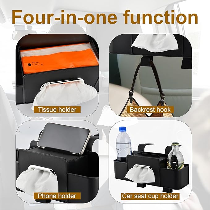 4-in-1 Back Seat Car Organizer with Extra Large Capacity, 2 Cup Holders, Tissue Box Dispenser & Storage Hook for Phone, Snacks, Toys(Black)