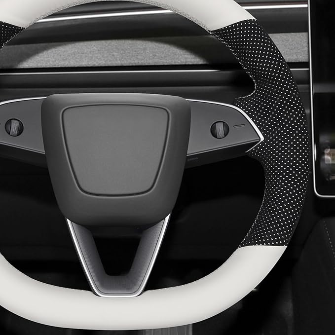 MEWANT Hand Stitched White Leather Steering Wheel Cover for Tesla Model 3 Highland 2023 2024 2025