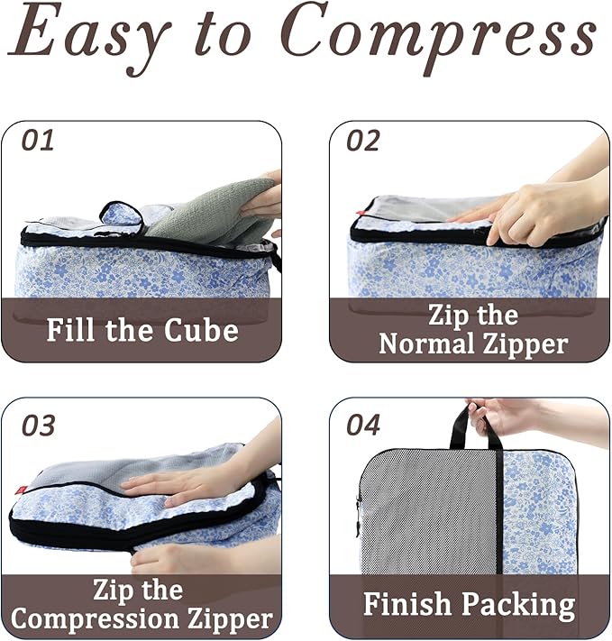 U+U 6 Set Compression Packing Cubes - Ultralight Travel Organizers with Laundry Bag, Space-Saving Suitcase Organizer for Trav