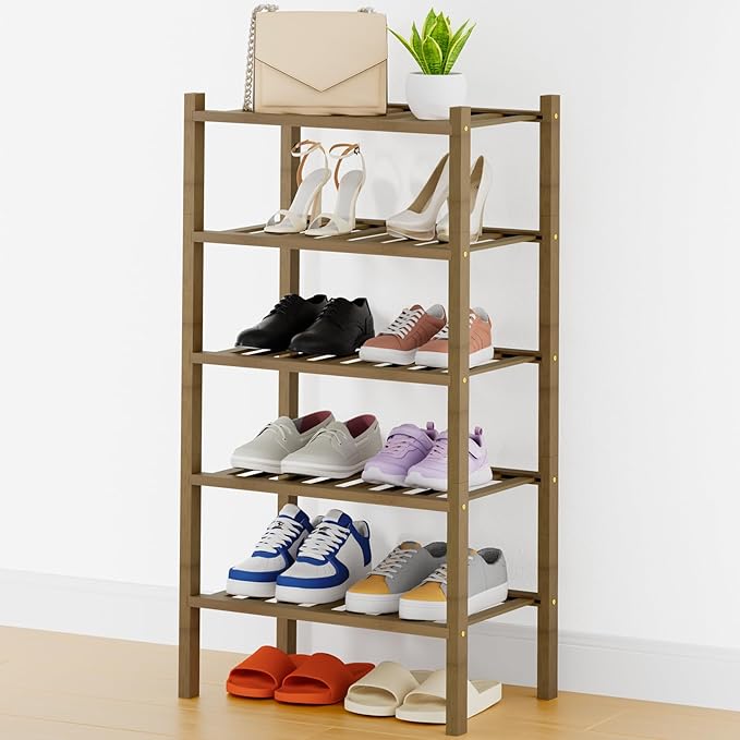 Smiry Shoe Rack, 5 Tier Thick Small Bamboo Shoe Organizer, Stackable Free Standing Wooden Shoe Storage Shelf for Closet, Entr