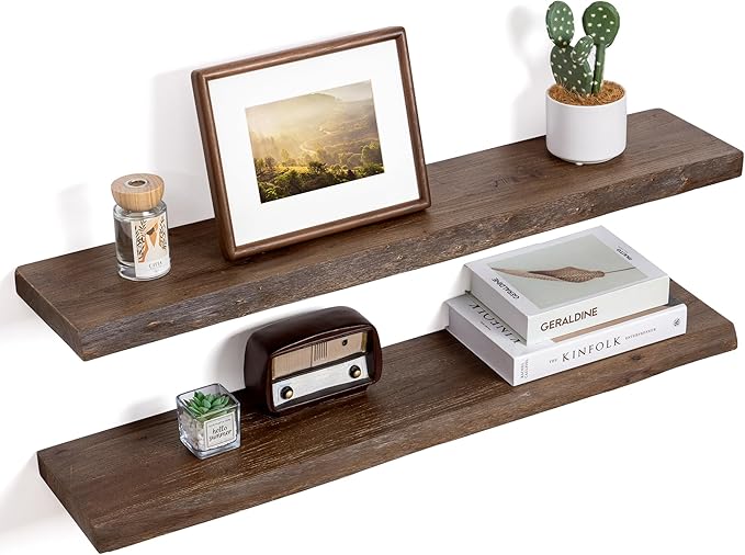 Floating Shelves for Wall Decor, Rustic Solid Elm Wood Live Edge Floating Shelves Wall Mounted, Wall Shelves with Invisible B