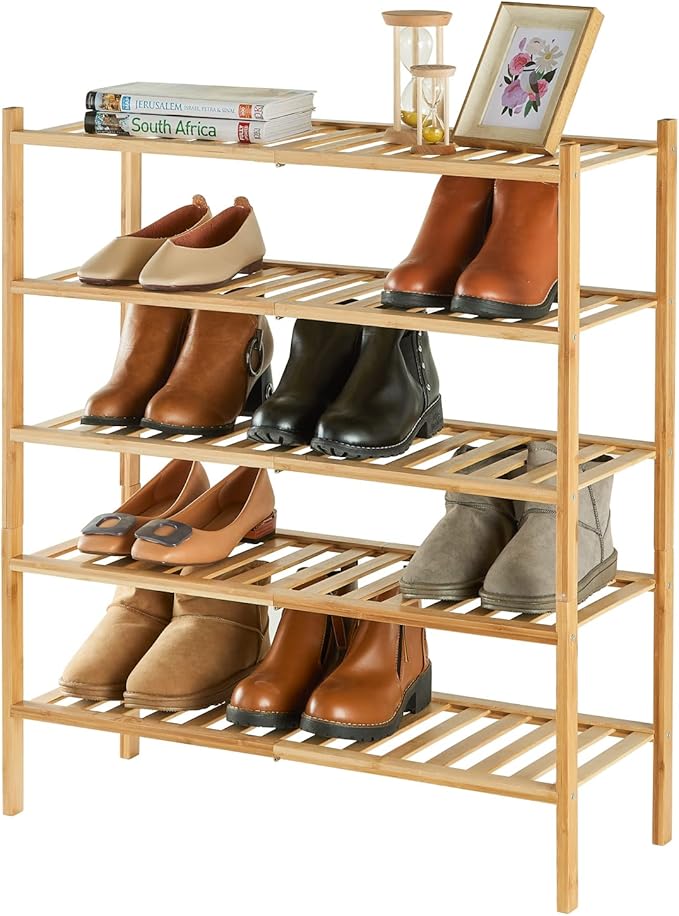 5-Tier Bamboo Shoe Rack for Entryway, Stackable | Heavy Duty | Multi-Function, Free Standing Shoe Racks for Bedroom Hallway C