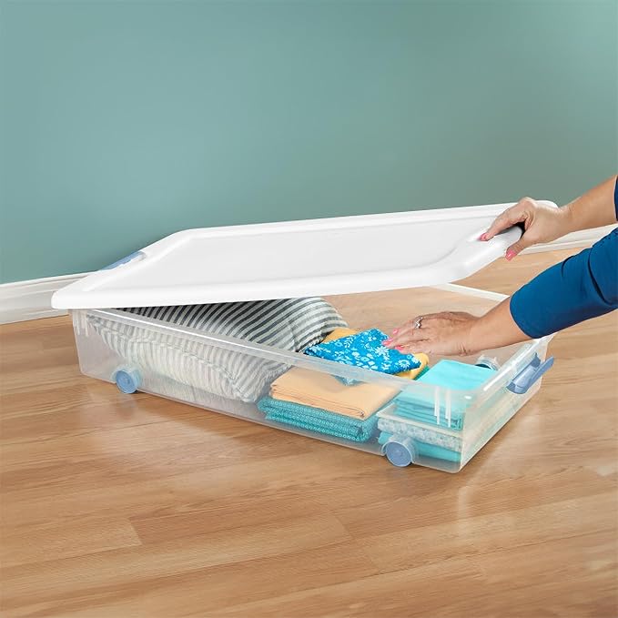 Sterilite 4-Pack 56 Quart Wheeled Latching Box, Underbed Clear Plastic Storage Organizer - Under Bed Rolling Container Bin wi