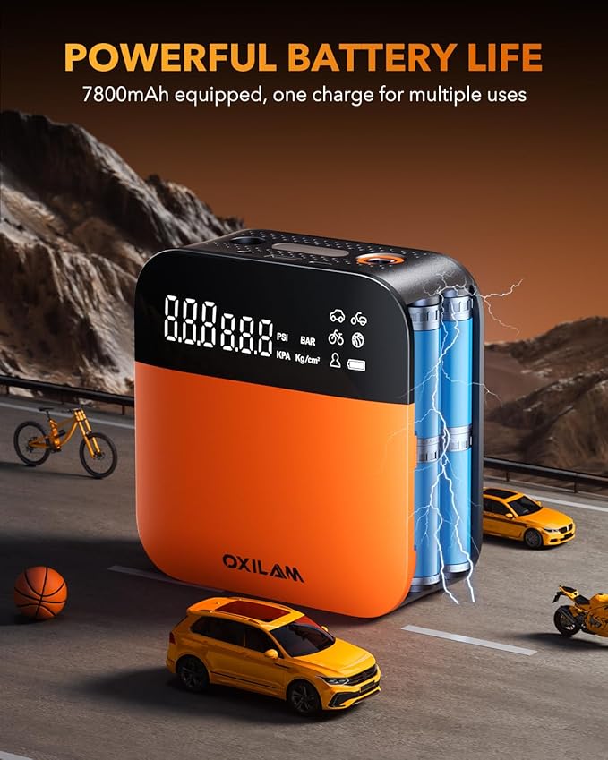 OXILAM C2 Tire Inflator Portable Air Compressor - 150PSI 4X Faster Air Pump for Car Tires with Tire Pressure Gauge, 12V Car Power Adapter, For Cars, Motorcycles, Bikes, Balls and More