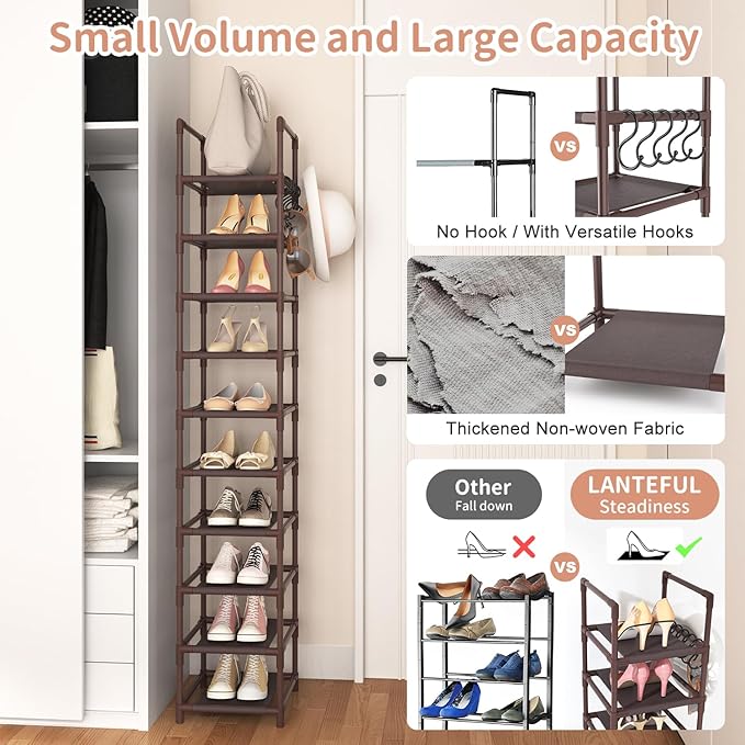 LANTEFUL Tall Shoe Rack 10-Tier Narrow Shoe Shelf Storage for 10-15 Pairs Shoe and Boot, Sturdy Shoe Storage Space Saving Cor