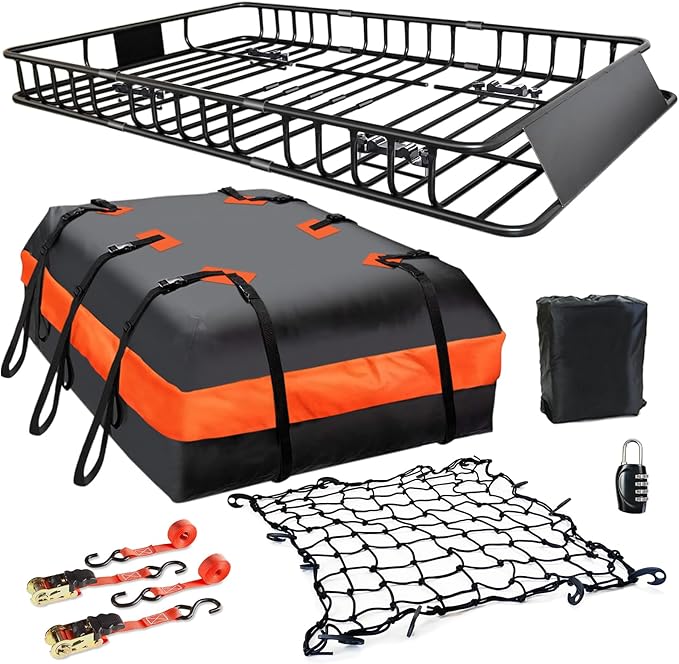 Roof Rack Carrier Carrier Basket 65"*39"*6"+Waterproof Bag 20 Cubic Feet(51"*40"*17"),and Cargo Net with Attachment Hooks,Ratchet Straps.200 Lbs Capacity,Universal Rooftop small Size Roof Rack