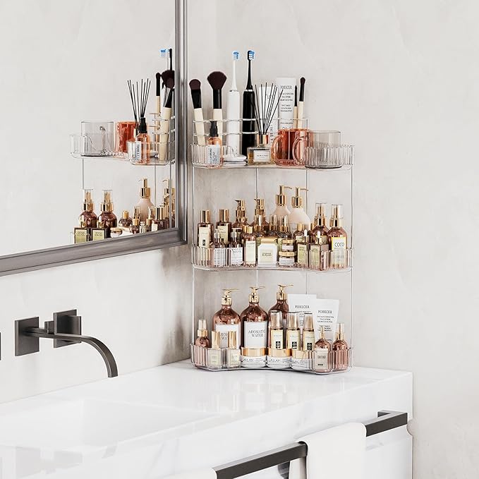 Asayuee 3-Tier Corner Bathroom Counter Organizer with Top Toothbrush Holders,Large Makeup Organizer Countertop with Brush Hol