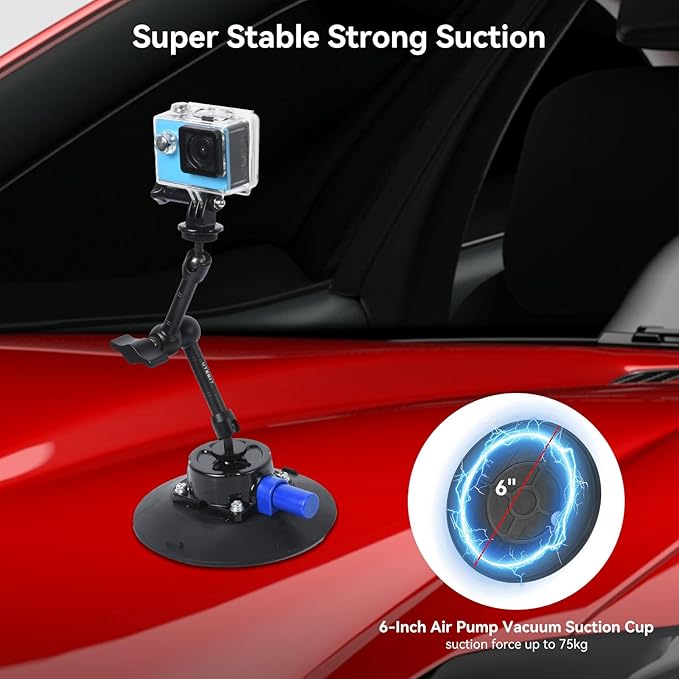 UTEBIT 6" Suction Cup Camera Mount with Ball Head Magic Arm, Metal Suction Cup Mount on Car Windshield Dash for Camera/Phone Holder, 1/4" Screw Action Camera Mount for DJI Action 5 Pro/4, Insta360 x5