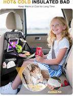 2-Pack Leather Car Backseat Organizer with Tablet Holder–Foldable Food Tray,Storage Pockets,Trash Can,Tissue Holder & Insulated Bag–Kick Mats Protector for Kids,Travel Accessories Organizer