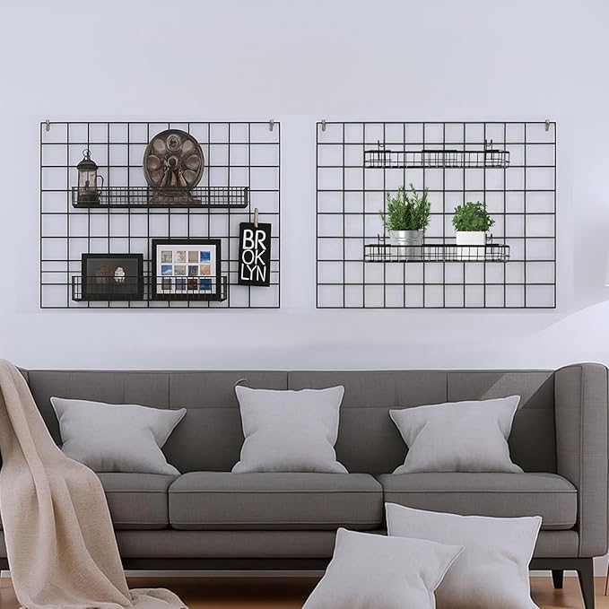 4 Pcs 15.75 x 3.94 x 1.97 Inch Metal Grid Wall Baskets with Hooks Grid Wall Shelves Hanging Wire Basket Multi Function Storag