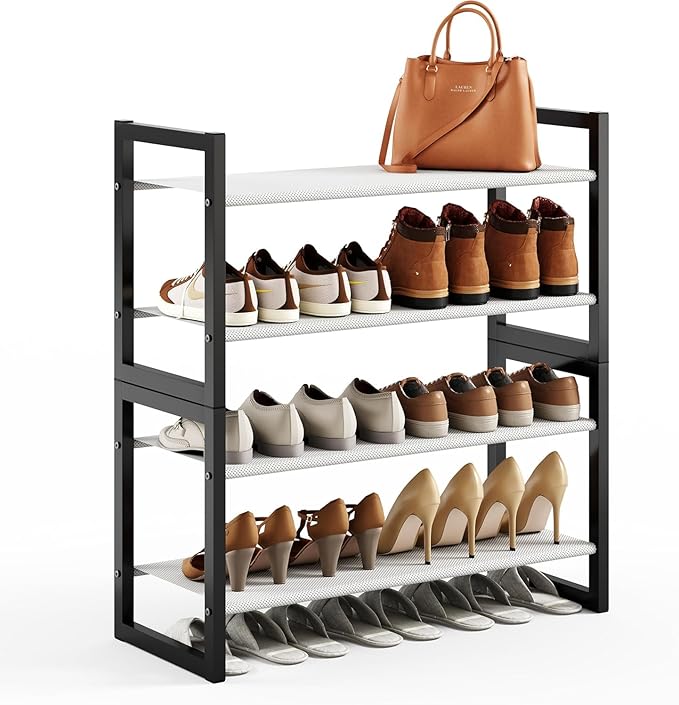 4-Tier Shoe Rack for Closet & Entryway, Stackable Shoe Organizer with Screw-Fastened Metal Frame, Less Wobble Design, Heel-Fr