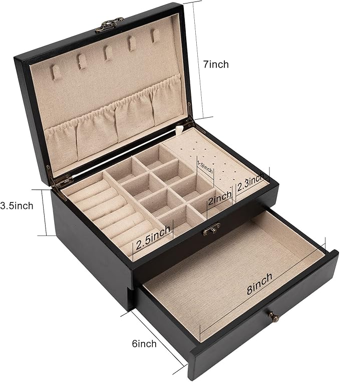 Pinzoveco Jewelry Box for Women, Rustic Wooden Jewelry Organizer Box for Storage Earrings Rings Necklace Bracelet, Farmhouse 