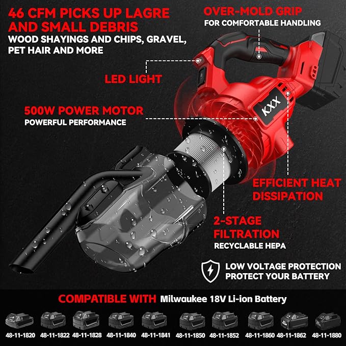 KXX Cordless Vacuum for Milwaukee M18 Battery, 5 in 1 Handheld Electric Vacuum Cleaner with 500W Powerful Motor, 46 CFM Porta