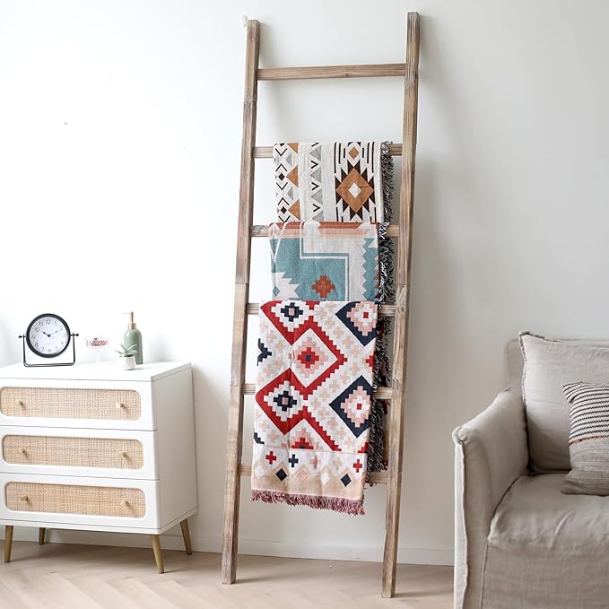 FUIN 6.4ft Extra Wide Wooden Blanket Ladder Living Room Decorative Wal Leaning Farmhouse Quilt Display Holder Rustic Wood Tow