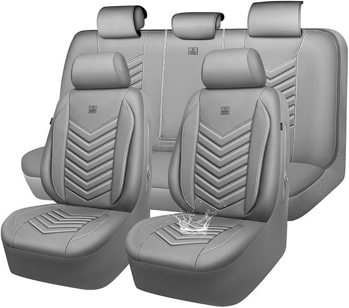 CAR PASS 3D Foam Faux Leather Car Seat Covers Full Set, Waterproof Grey Leather Seat Cover for Cars, Luxury Universal Fit for