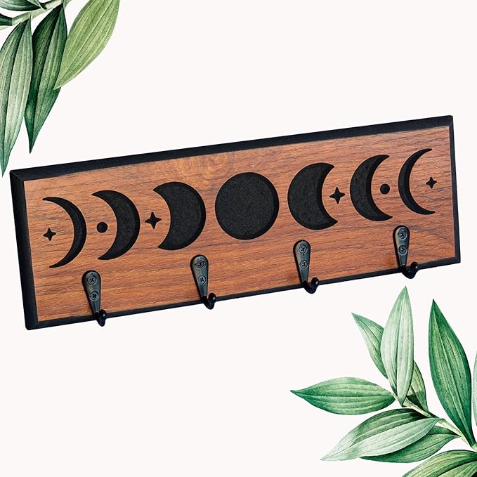 IRISVITA Witchy Moon Key Holder for Wall, Small Moon Phase Boho Wall Decor, Gothic Home Decor, Boho Decor, Wooden Key Organiz