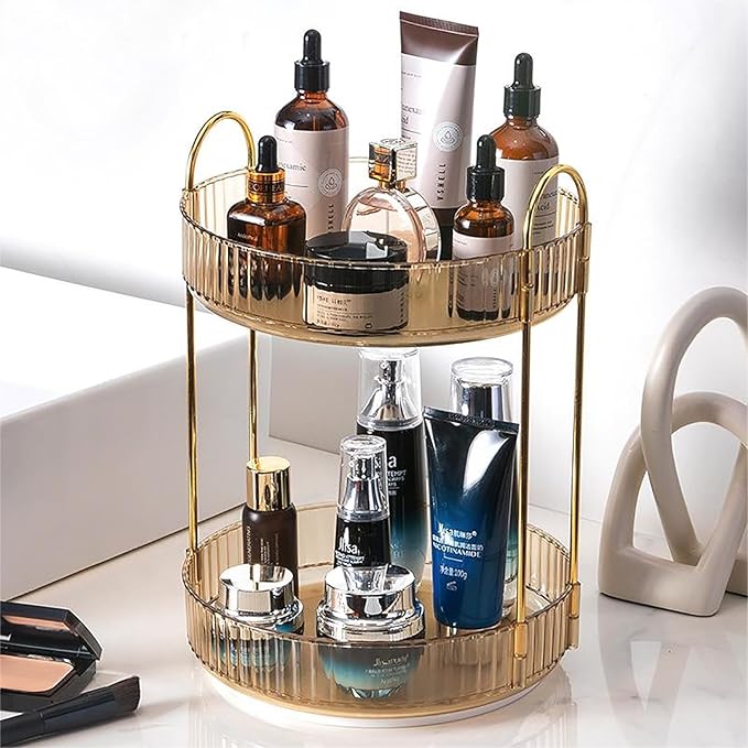 Rotating Makeup Organizer Countertop 2 Tier Lazy Susan Trays Clear Skincare Perfume Storage for Bathroom Counter Vanity, Ambe