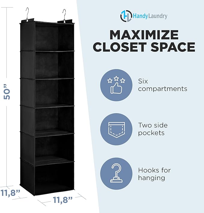 Handy Laundry Hanging Closet Organizer - 6 Shelf Storage for Clothes, Sweaters, Shoes & Accessories - Space-Saving Wardrobe S