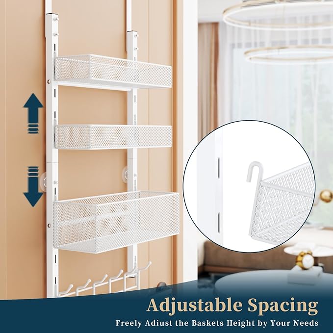 Consumest Over The Door Hooks Organizer - 4 Tier Door Coat Rack with 3 Baskets and 12 Hooks, Stainless Steel Towel Hanger for