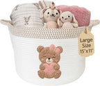 Pink Teddy Bear Storage Basket for Baby Girl Nursery – 15"x11" Cotton Rope Bin with Embroidered Bear Patch – Toy Organizer, B