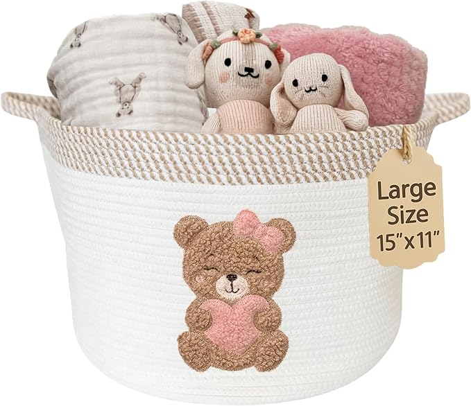 Pink Teddy Bear Storage Basket for Baby Girl Nursery – 15"x11" Cotton Rope Bin with Embroidered Bear Patch – Toy Organizer, B