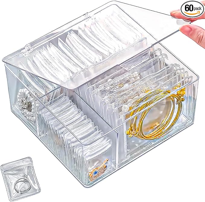 4 In 1 Acrylic Jewelry Organizers and Storage with 60 Portable Anti Tarnish Jewelry Bags, Clear Jewelry Box Organizer, Travel
