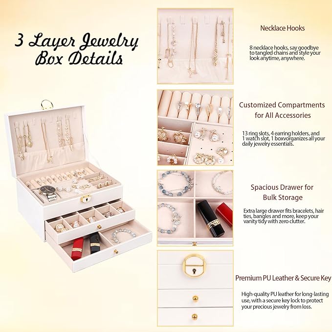 3 Layer Jewelry Box Organizer with Drawers, Lockable PU Leather Jewelry Storage Case for Mothrer's Day gifts Necklace Earring