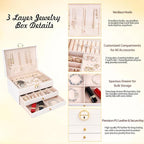3 Layer Jewelry Box Organizer with Drawers, Lockable PU Leather Jewelry Storage Case for Mothrer's Day gifts Necklace Earring