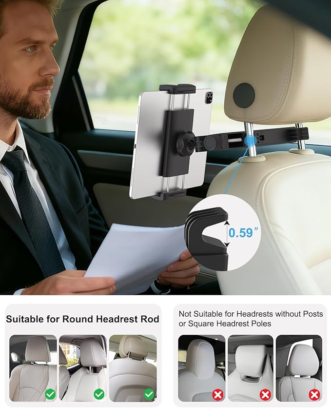 Backseat Tablet Holder for Car Headrest, Anti-Shake Adjustable Arm Mount for Kids, Foldable Car Tablet Mount for Road Trips, Fits iPad Pro/Air/Mini, Galaxy Tab, Fire (4-13”)
