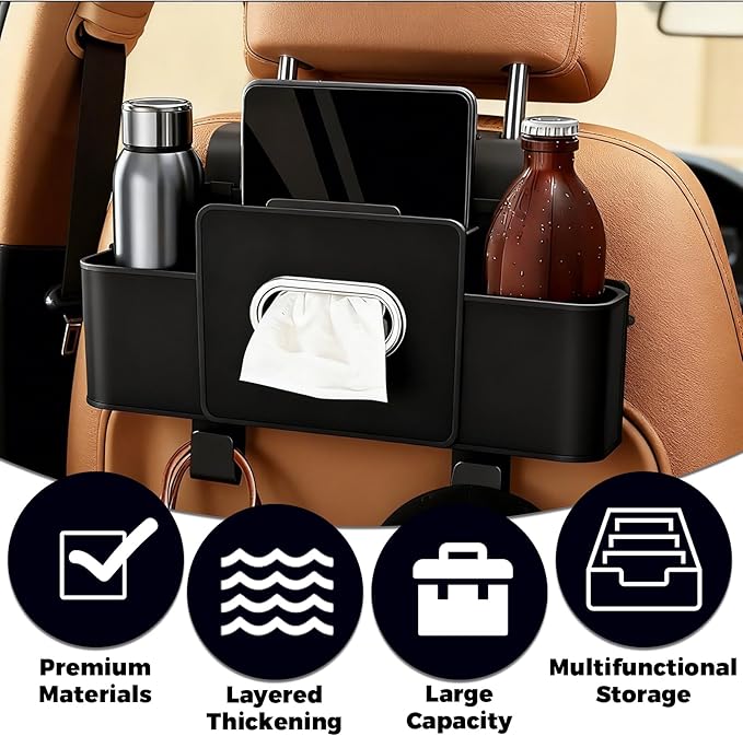 4-in-1 Car Organizer Back Seat,Upgraded Multifunctional Back Seat Car Organizer,Partition Design,Multi-Hanging Storage Box with 2 Cup Holders,Tissue Box, for Hold Mobile Phone(Black)