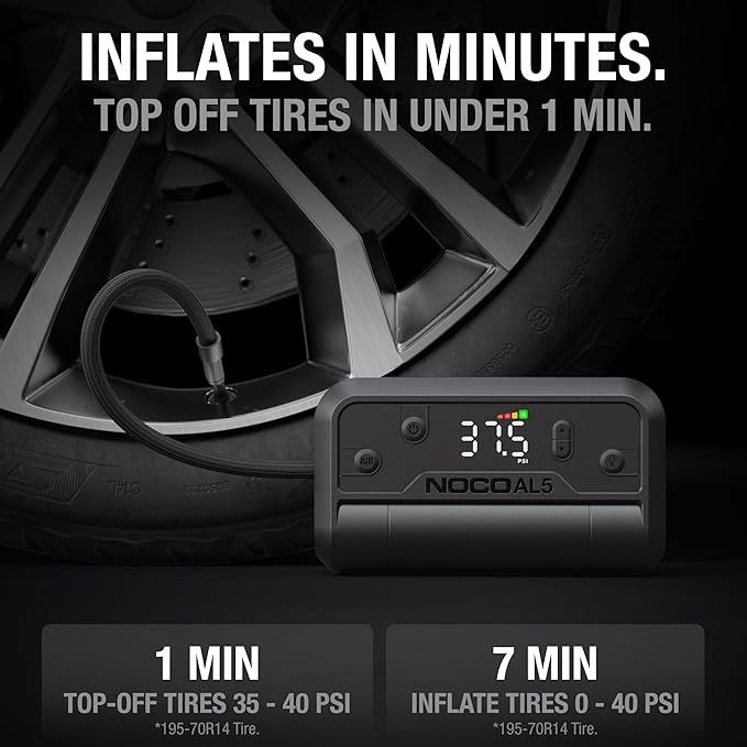 NOCO Air AL5: Cordless Tire Inflator – Portable Rechargeable Air Compressor with USB-C – 17 LPM Inflates 0–40 PSI in 7 Minutes – Digital Gauge + Auto-Shutoff – For Tires up to 31-Inches
