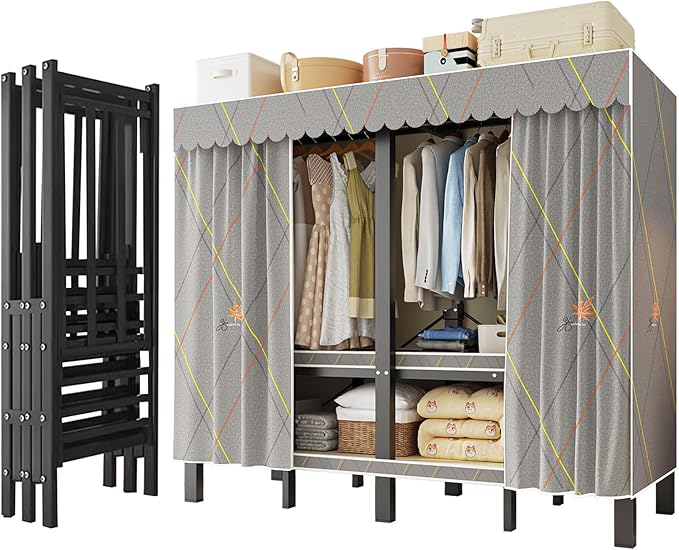 Heavy Duty Clothing Rack with Oxford Fabric Cover, Portable Closet Wardrobe with Hanging Rods, Freestanding Wardrobe, Metal C