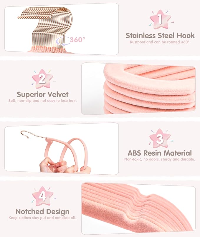 VIS'V Baby Hangers, 11 Inch Velvet Kids Hangers with 6 Pcs Clothes Size Dividers, Infant Toddler Nursery Closet Organization,
