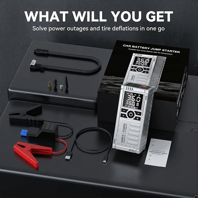 Car Battery Jump Starter with Air Compressor - 4500A Battery Jumper Starter Portable (9.0 Gas/8.0L Diesel) with 150PSI Tire