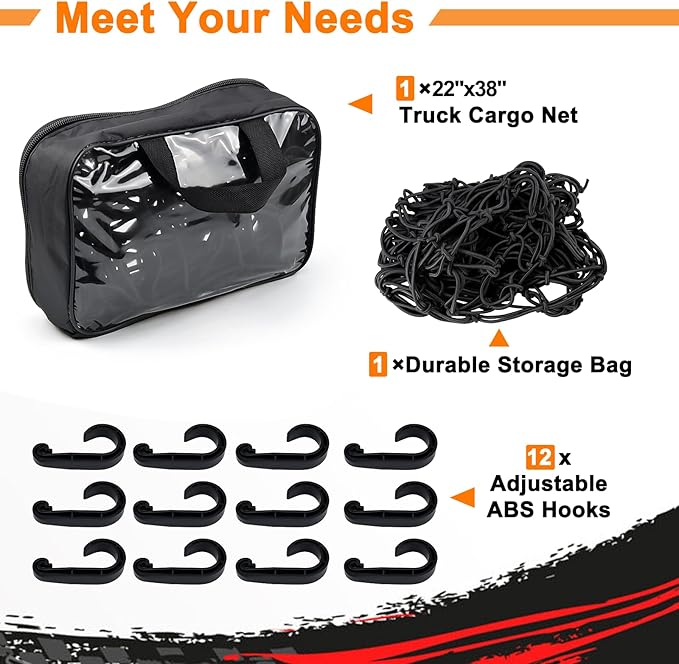 2’x3’ Bungee Cargo Net Stretches to 4'x6' for Truck Bed,Pickup Bed,Trailer,Motorcycle and Bike with 6 Adjustable Hooks Heavy Duty 5mm 2”x2” Mesh Holds Small and Large Loads by Cenipar