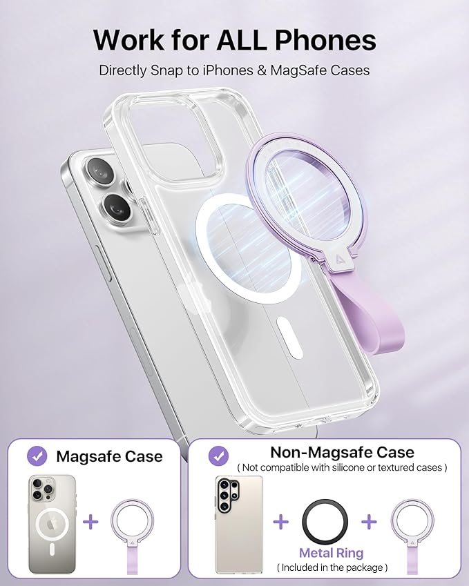 andobil [2026 Unrivaled Stability] Magnetic Phone Grip Holder for MagSafe Ring Stand Holder Kickstand Compatible with MagSafe Accessories for iPhone 17 Air 16 Pro Max Plus 15 14 13 12&Android, Purple