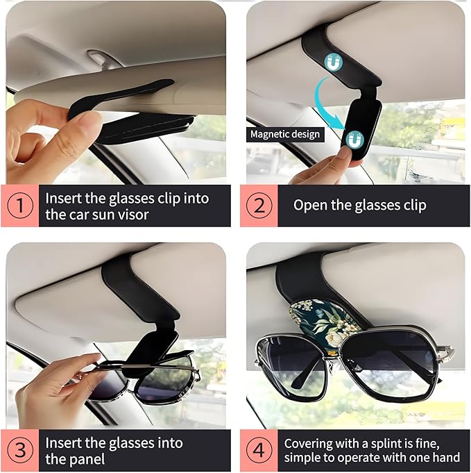 Sunglasses Holder for Car Visor, PU Leather Glasses Clip Organizer, Cute Magnetic Eyeglass Holder for Vehicle Sun Visor, Car Interior Accessory for Women & Men Dark Floral Lily