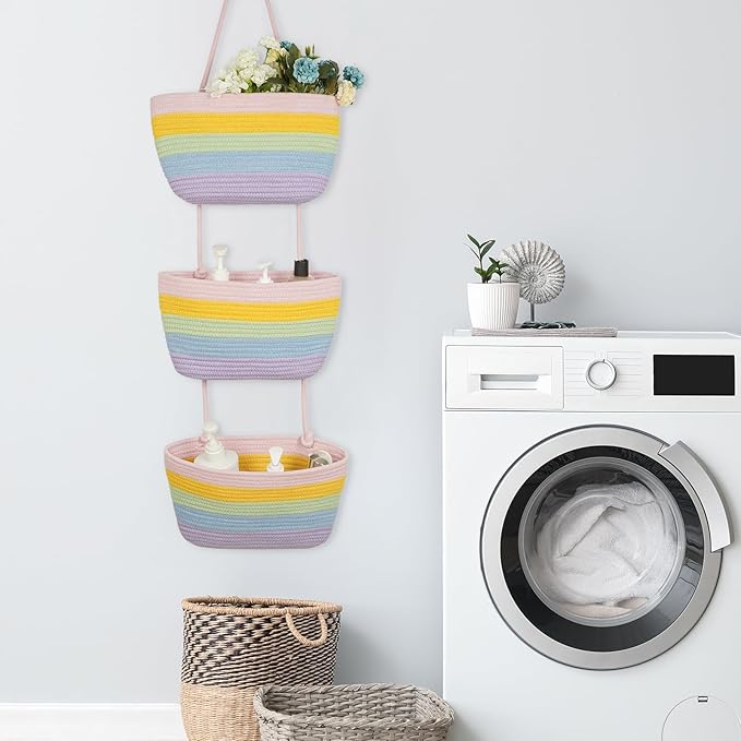 TeoKJ Over the Door Hanging Basket, 3-Tier Woven Cotton Wall-Mounted Storage Organizer Bag Decorative Hanging Nursery Baskets