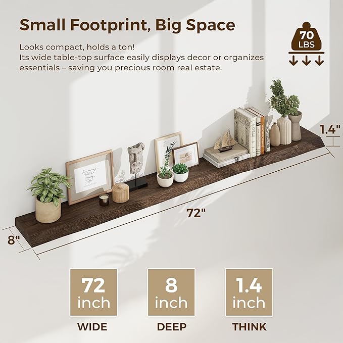 Dreamland 72 inch Floating Shelves for Wall Solid Elm Wood Live Edge Wall Mounted Shelves|Rustic Long Floating Shelves with I