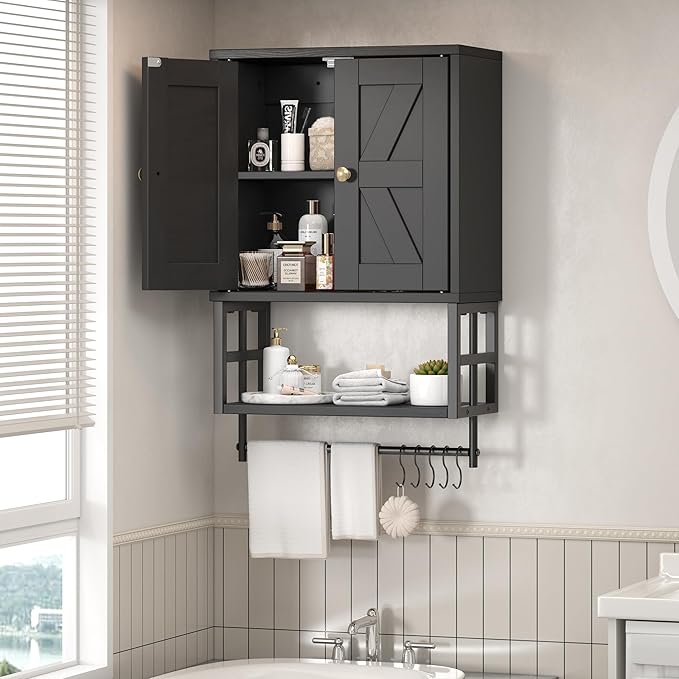 Farmhouse Medicine Cabinet - 3-Tier Wall Mounted Storage Organizer with Adjustable Shelves, Towel Bar, 5 Hooks for Small Bath