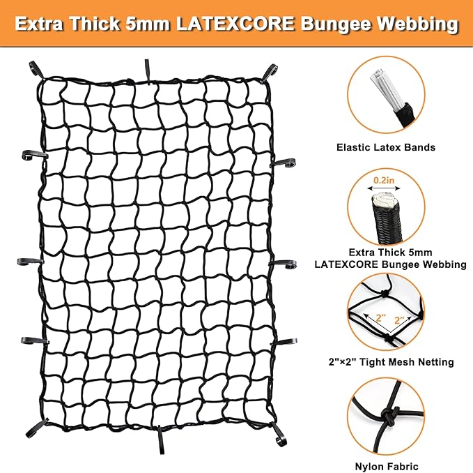 2’x3’ Bungee Cargo Net Stretches to 4'x6' for Truck Bed,Pickup Bed,Trailer,Motorcycle and Bike with 6 Adjustable Hooks Heavy Duty 5mm 2”x2” Mesh Holds Small and Large Loads by Cenipar