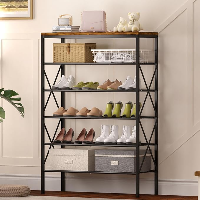 6 Tiers Metal Shoe Rack，Large Capacity Shoe Rack Holds 24 Pairs of Shoes, Durable and Stable, Adjustable Metal Shelf Stackabl