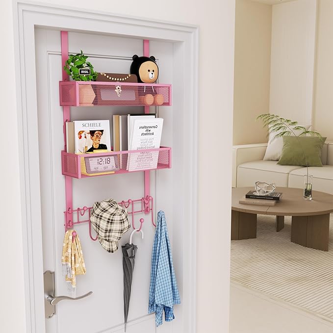 HapiRm Over The Door Hanger with Coat Hooks and 2 Baskets, Rustproof & Waterproof Pink Over The Door Hooks, Storage Organizer